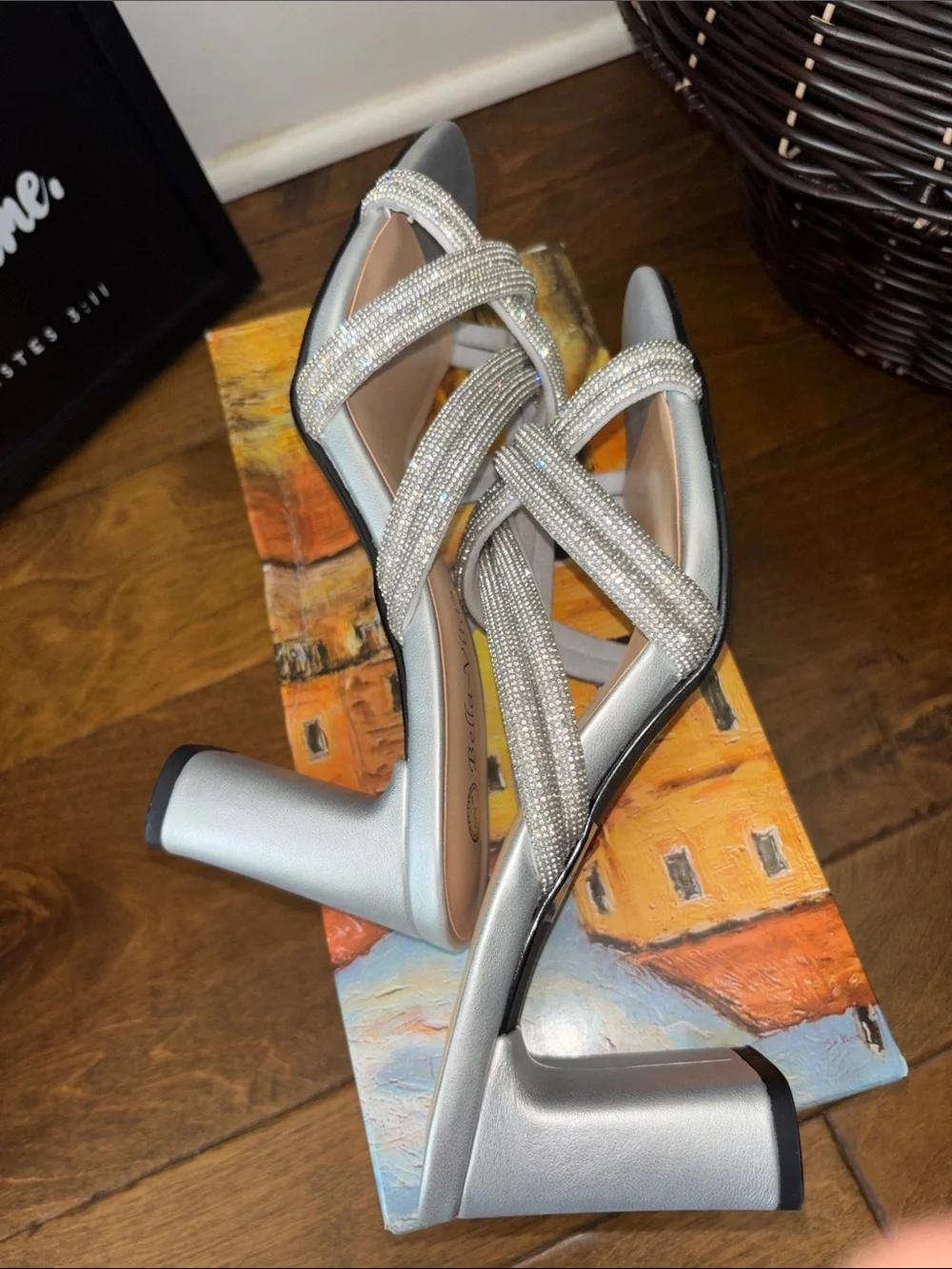 Bella Vita Silver Rhinestone Knotted Slide Heels micro suede in stones 9.5 NIB